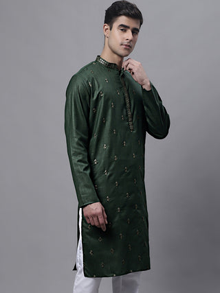 Men's Olive Green Embroidered Straight Kurtas