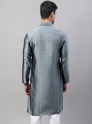 Men's Grey Jacquard Silk Collar Embroidered Kurtas