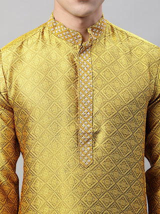 Men's Mustard Jacquard Silk Collar Embroidered Kurtas