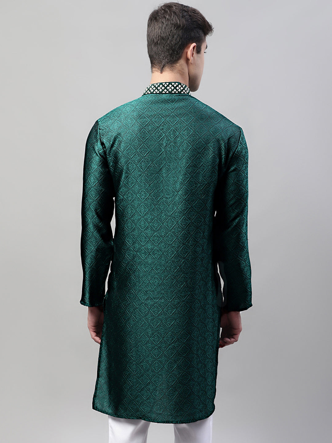 Men's Olive Green Jacquard Silk Collar Embroidered Kurtas