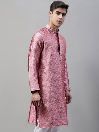 Men's Pink Jacquard Silk Collar Embroidered Kurtas