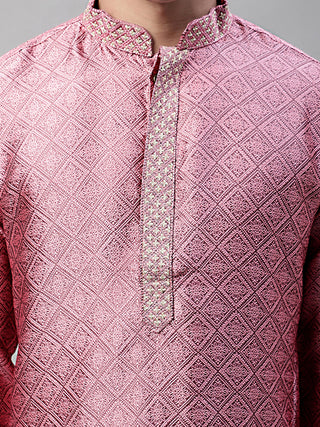 Men's Pink Jacquard Silk Collar Embroidered Kurtas