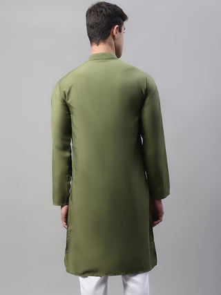 Men's Olive Green Cotton Silk Mirror Work Kurtas