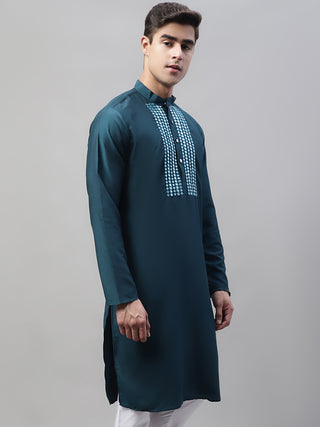 Men's Teal Blue Cotton Silk Mirror Work Kurtas