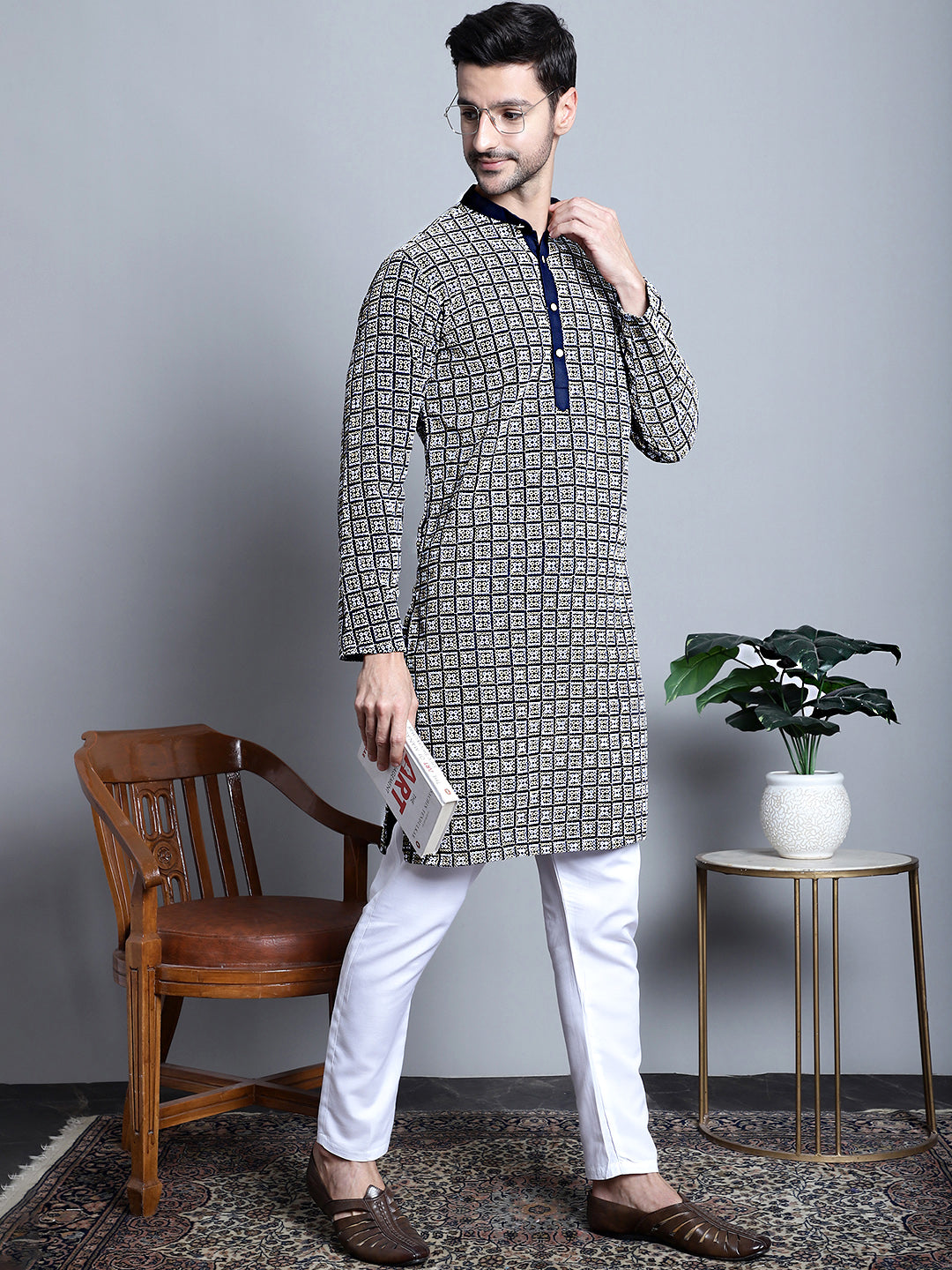 Men's Navy Blue Embroidered Kurta Only