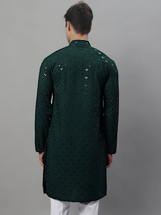 Men's Olive Green Chikankari Embroidered and Sequence Kurtas