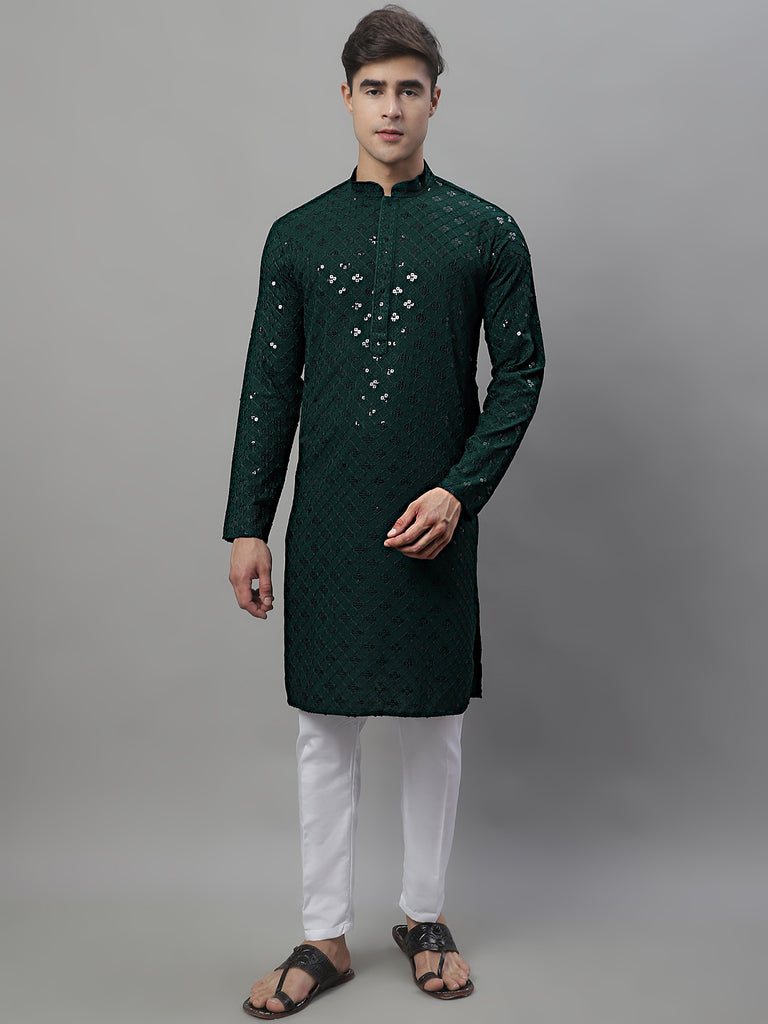 Men Olive Green Chikankari Embroidered And Sequence Kurta With Churidar