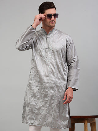 Men's Grey Embroidered Kurta Only