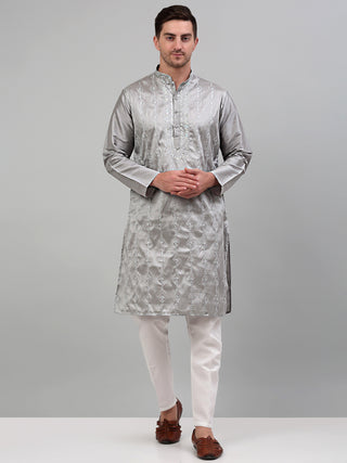 Men's Grey Embroidered Kurta Only