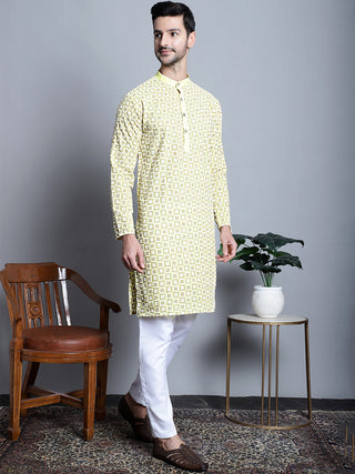 Men's Yellow Embroidered Kurta Only