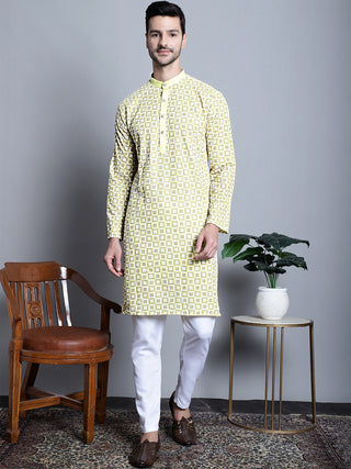 Men's Yellow Embroidered Kurta Only