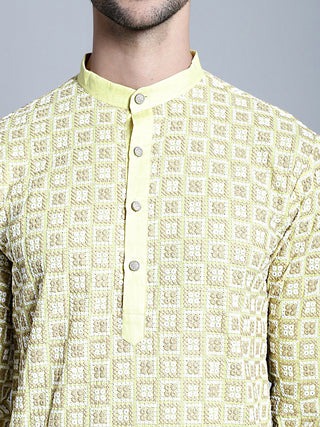 Men's Yellow Embroidered Kurta Only