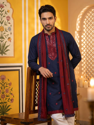 Embroidered Silk Blend Kurta and Dupatta for Men