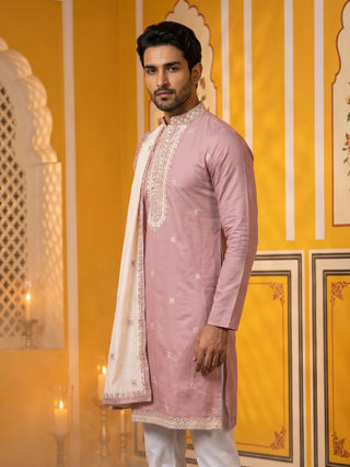 Embroidered Silk Blend Kurta and Dupatta for Men