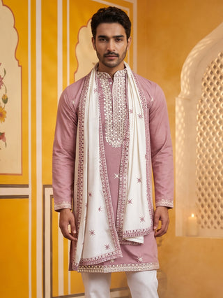 Embroidered Silk Blend Kurta and Dupatta for Men