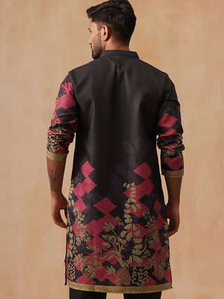 Floral Printed Black Cotton Blend Kurta with Dupatta