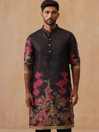 Floral Printed Black Cotton Blend Kurta with Dupatta
