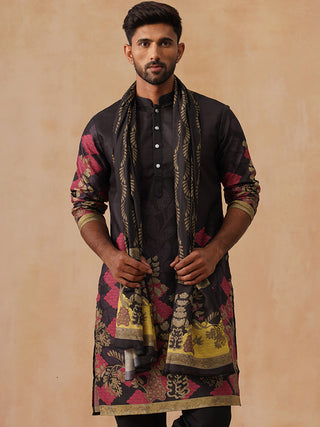 Floral Printed Black Cotton Blend Kurta with Dupatta
