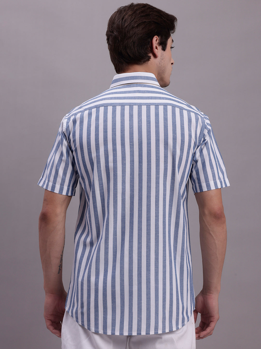 Men's Blue Vertical Striped Half Sleeve Casual Shirt