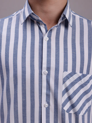 Men's Blue Vertical Striped Half Sleeve Casual Shirt