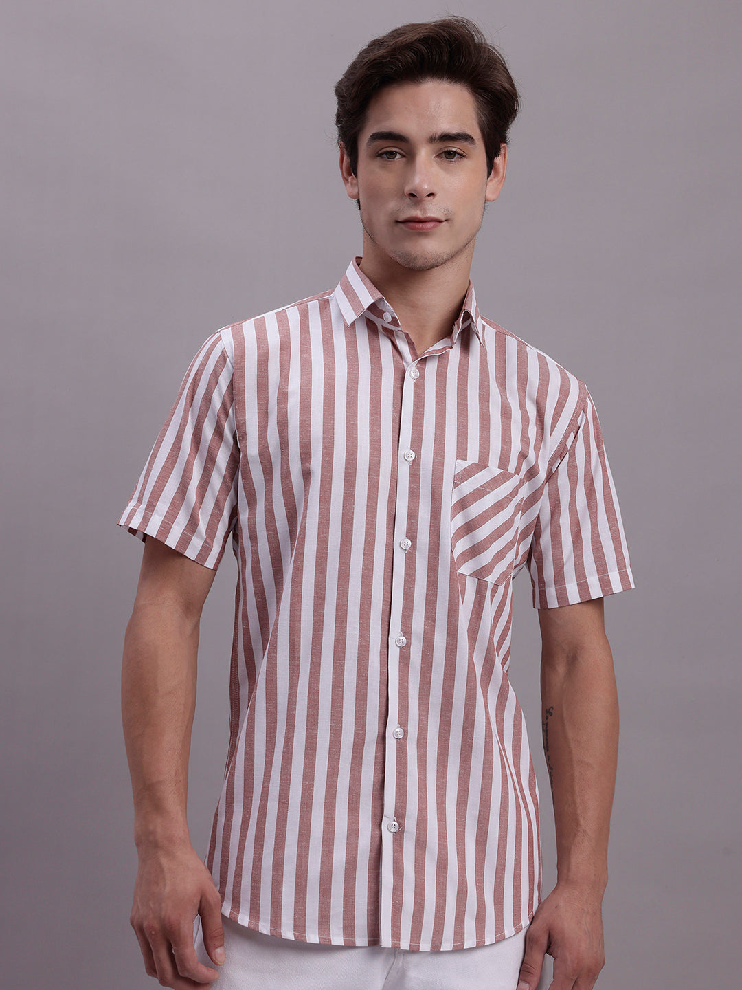Men's Red Vertical Striped Half Sleeve Casual Shirt