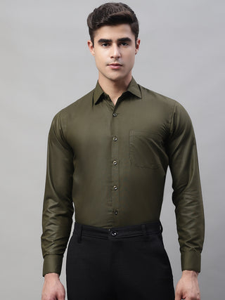 Indian Needle Men's Cotton Solid Mehndi Green Formal Shirt's