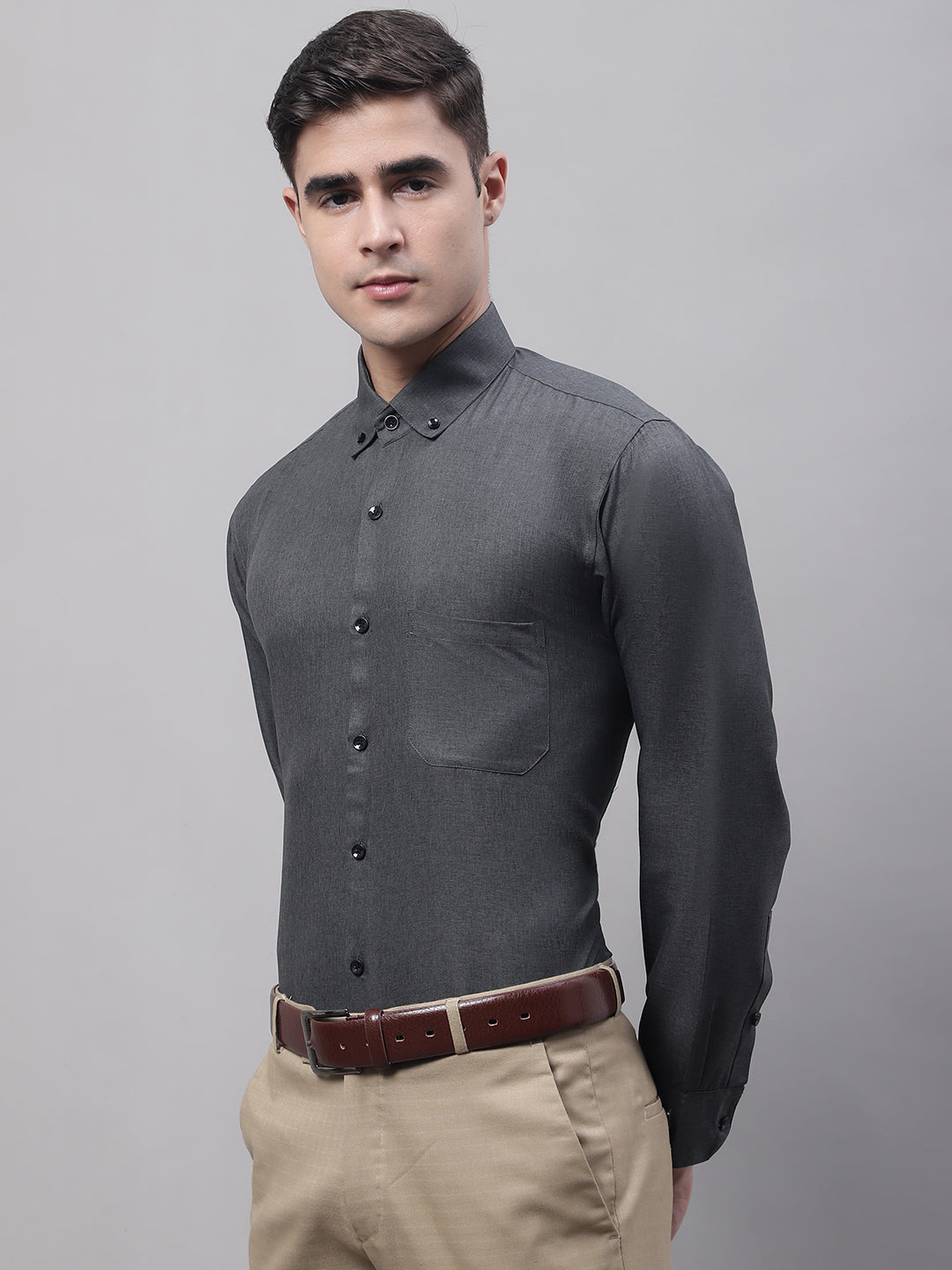 Men's Charcoal Cotton Solid Formal Shirt