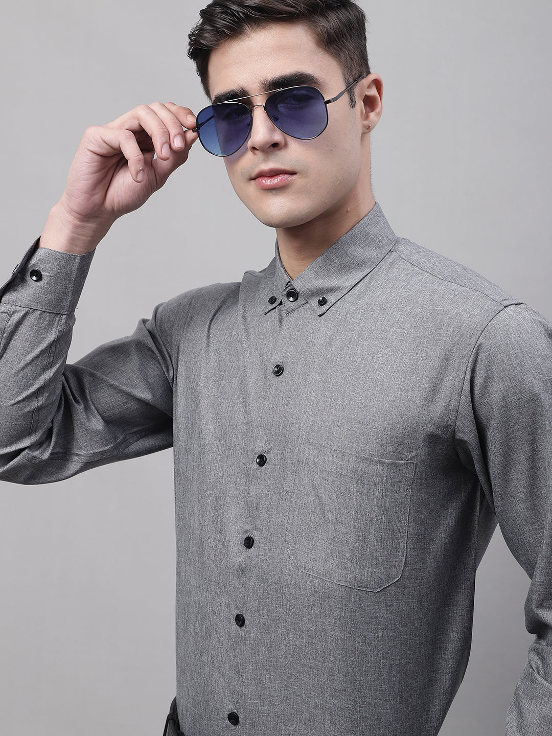 Men's Dark-Grey Cotton Solid Formal Shirt
