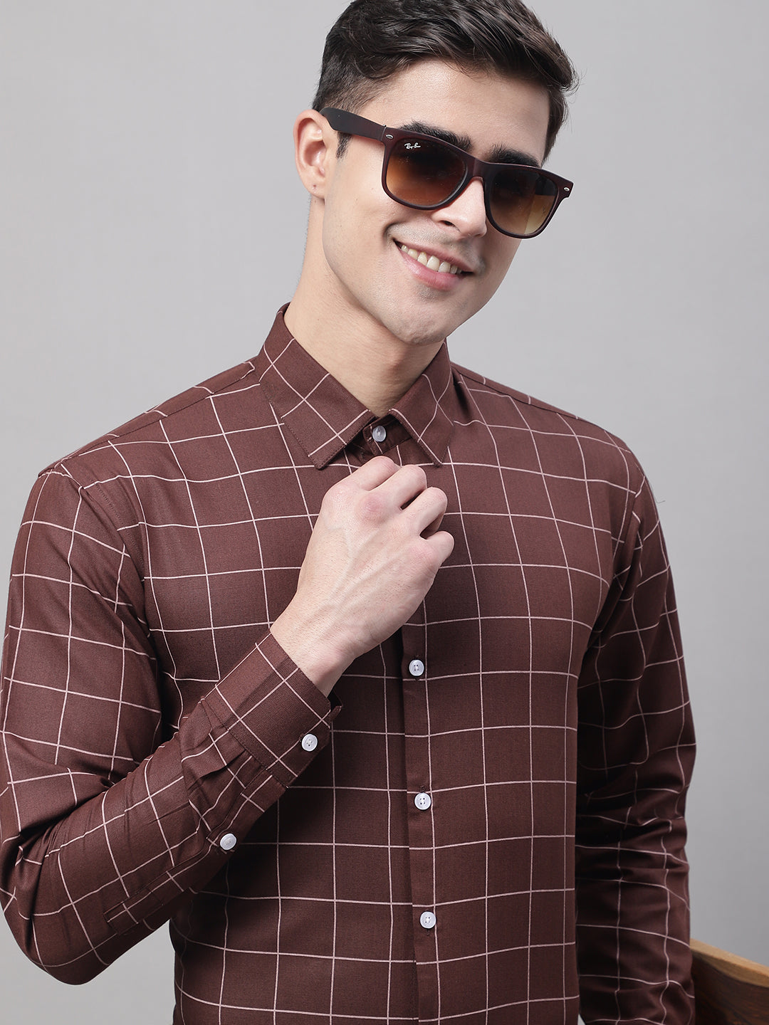 Men's Brown Cotton Checked Formal Shirt