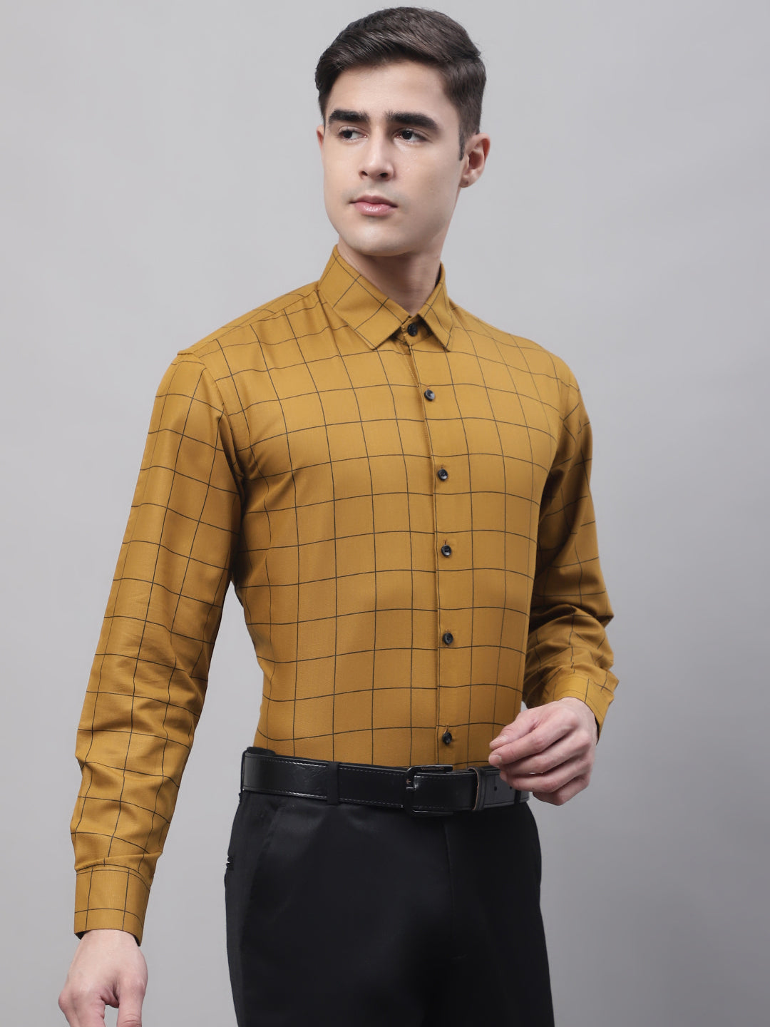 Men's Mustard Cotton Checked Formal Shirt