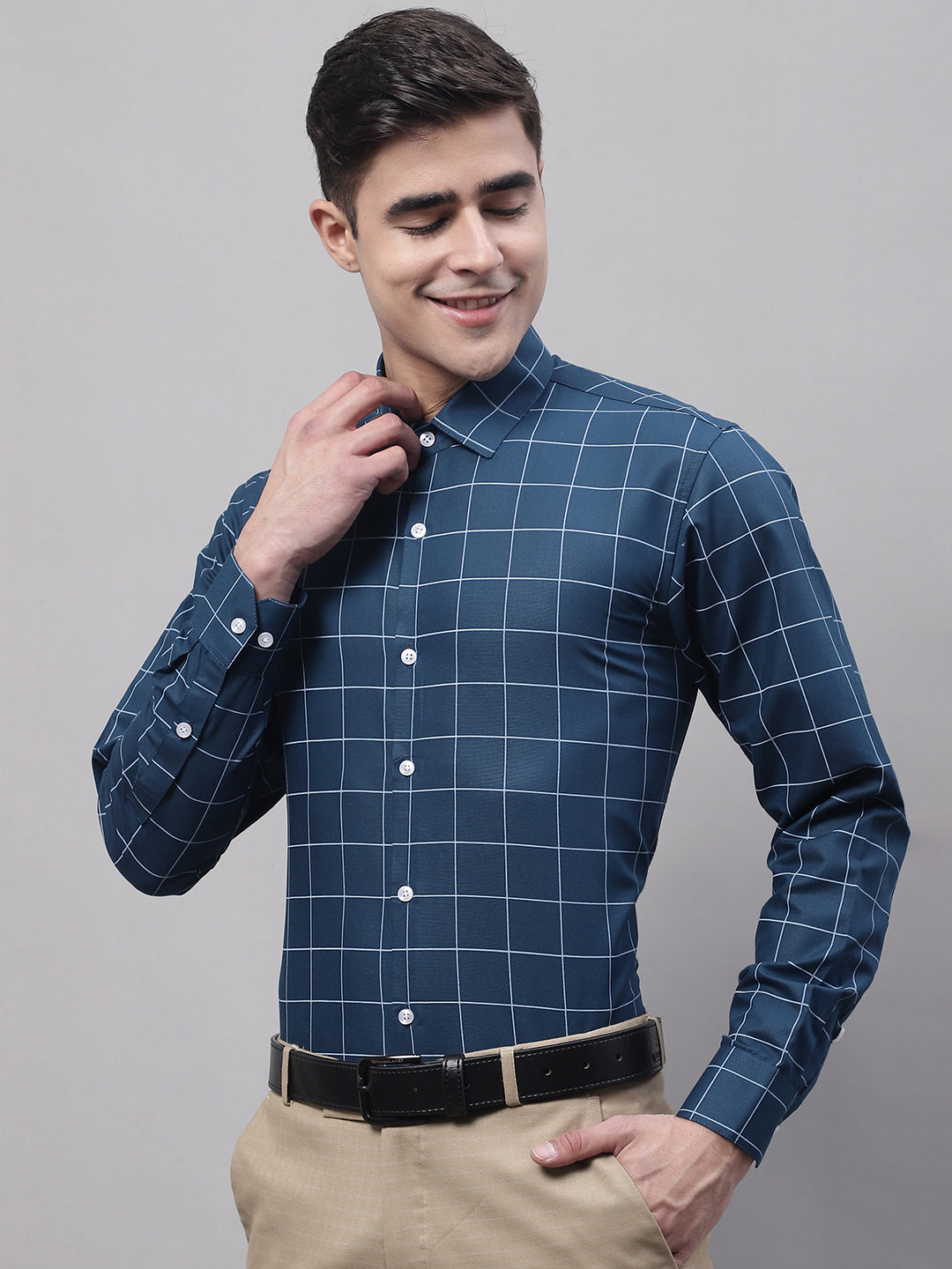 Men's Teal Blue Cotton Checked Formal Shirt