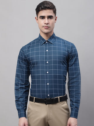 Men's Teal Blue Cotton Checked Formal Shirt
