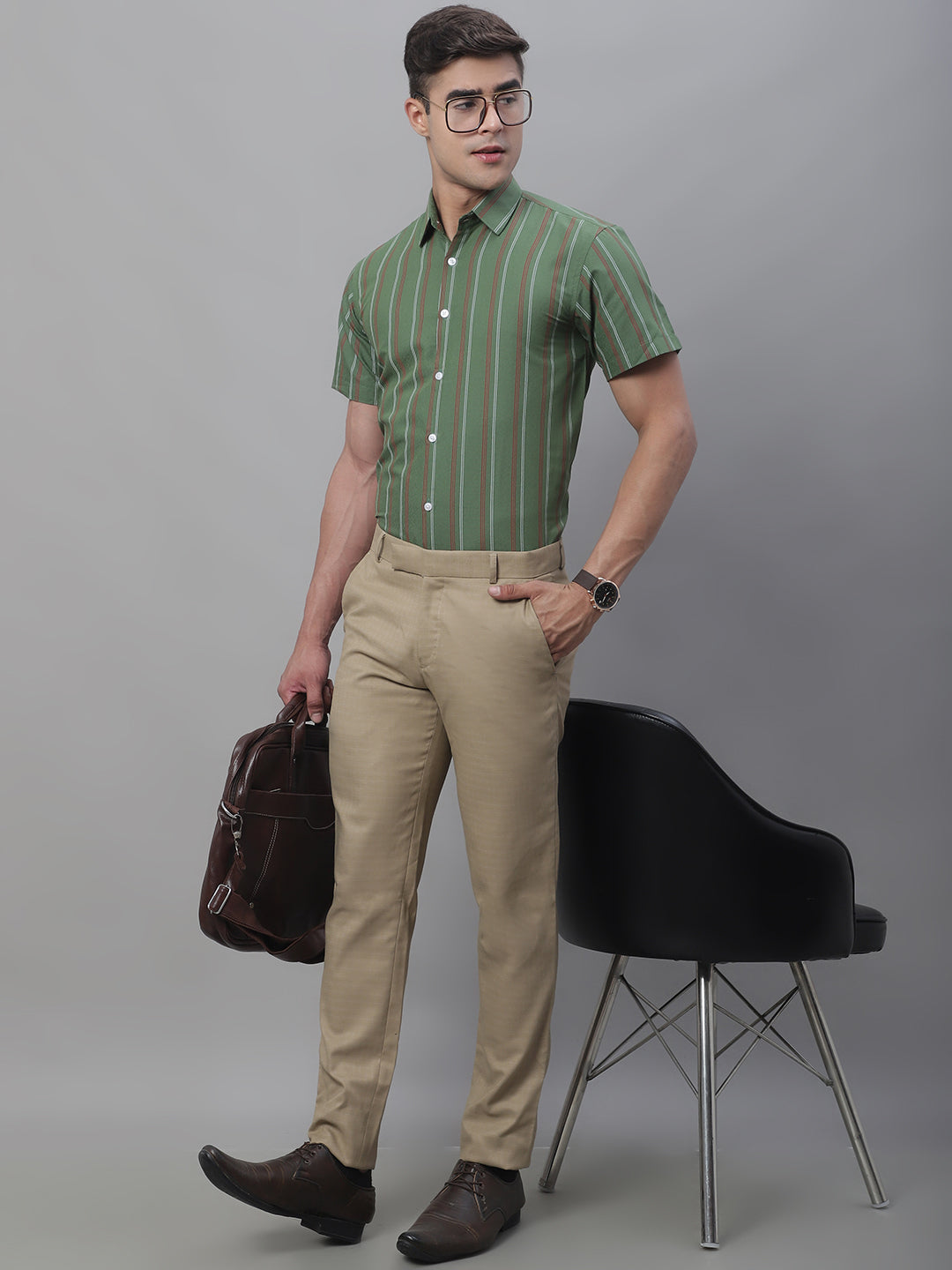 Men's Olive Green Striped Formal Shirt