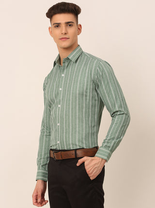 Men Green & White Classic Striped Formal Shirt