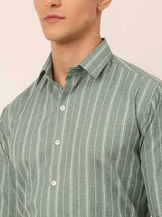 Men Green & White Classic Striped Formal Shirt