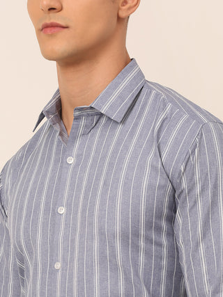 Men Light Grey & White Classic Striped Formal Shirt