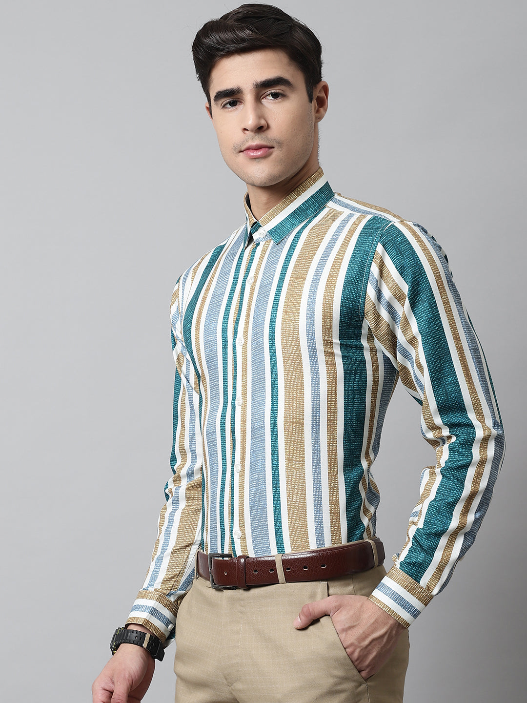 Men Green Classic Striped Formal Shirt