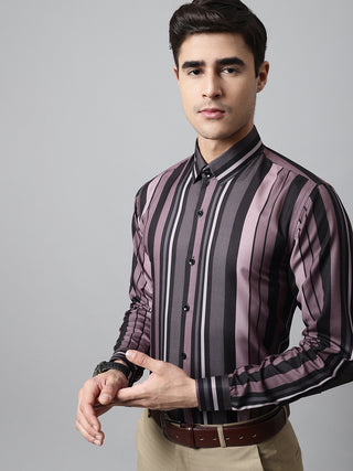 Men Wine and Black Classic Striped Formal Shirt