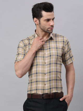 Men's Beige Half Sleeve Checked Formal Shirt