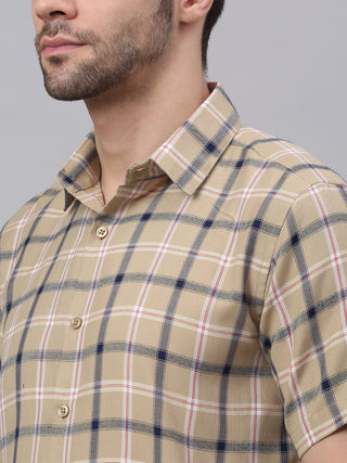 Men's Beige Half Sleeve Checked Formal Shirt