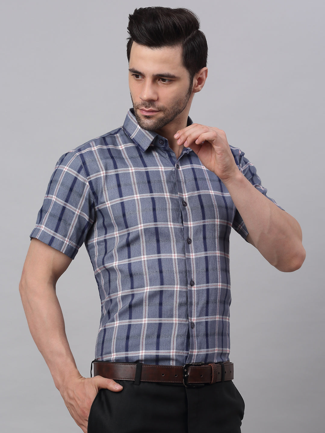 Men's Grey Half Sleeve Checked Formal Shirt