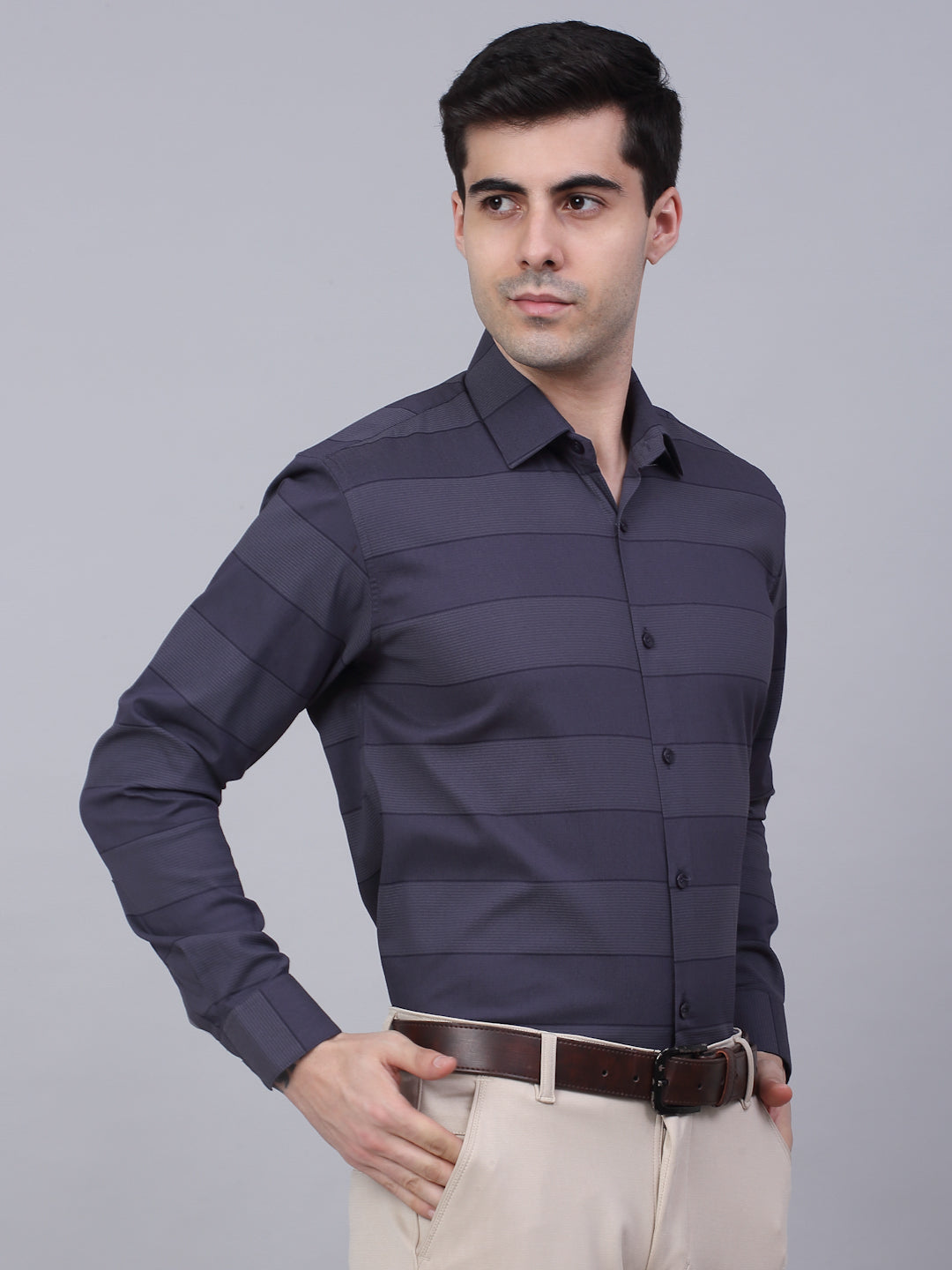 Men's Grey Horizontal Striped Formal Shirt