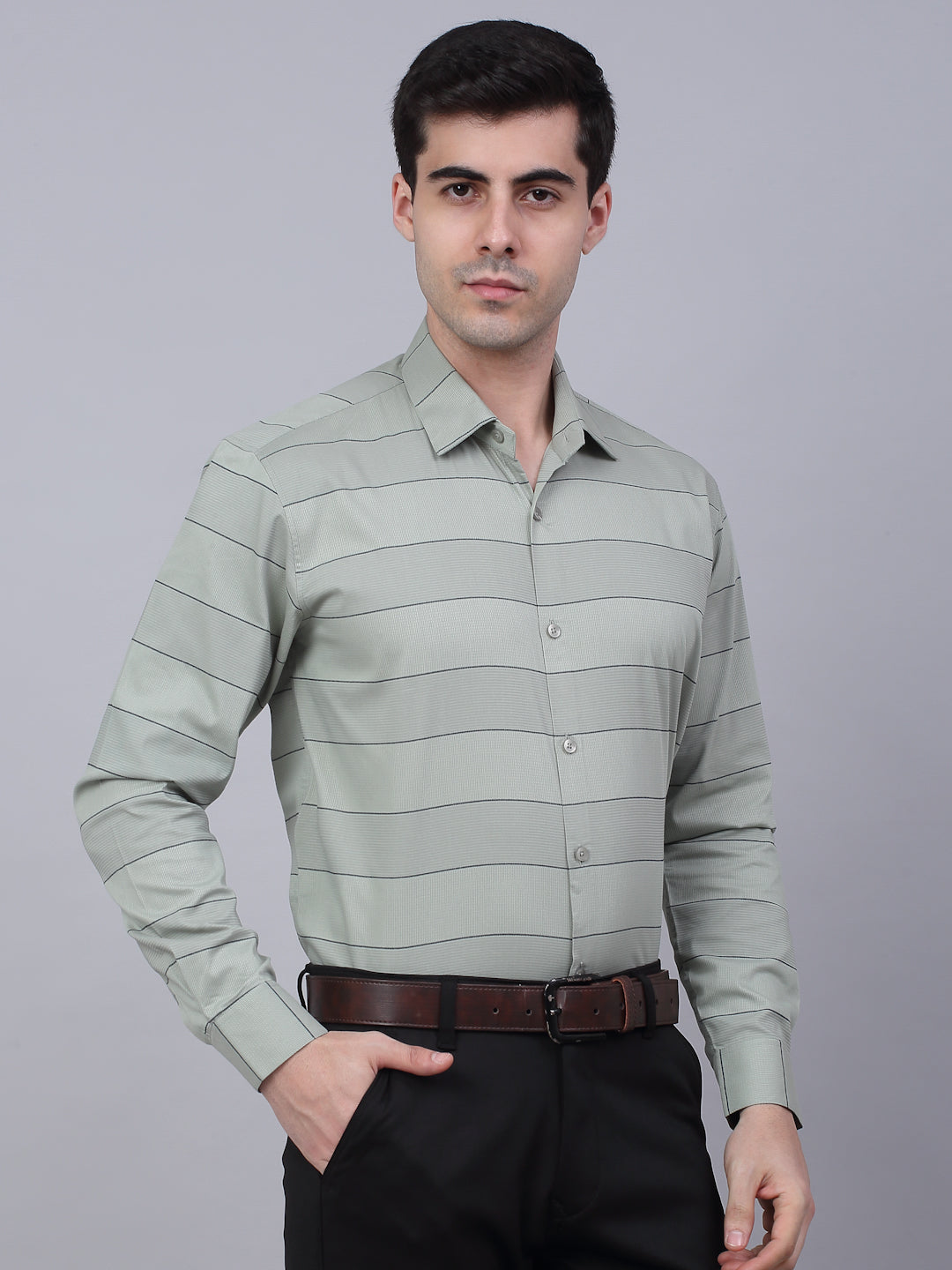Men's Pista Green Horizontal Striped Formal Shirt