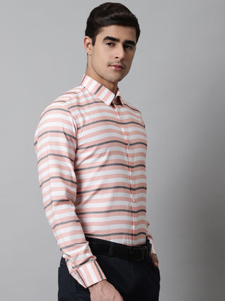 Men Peach Classic Horizontal Striped Formal Shirt