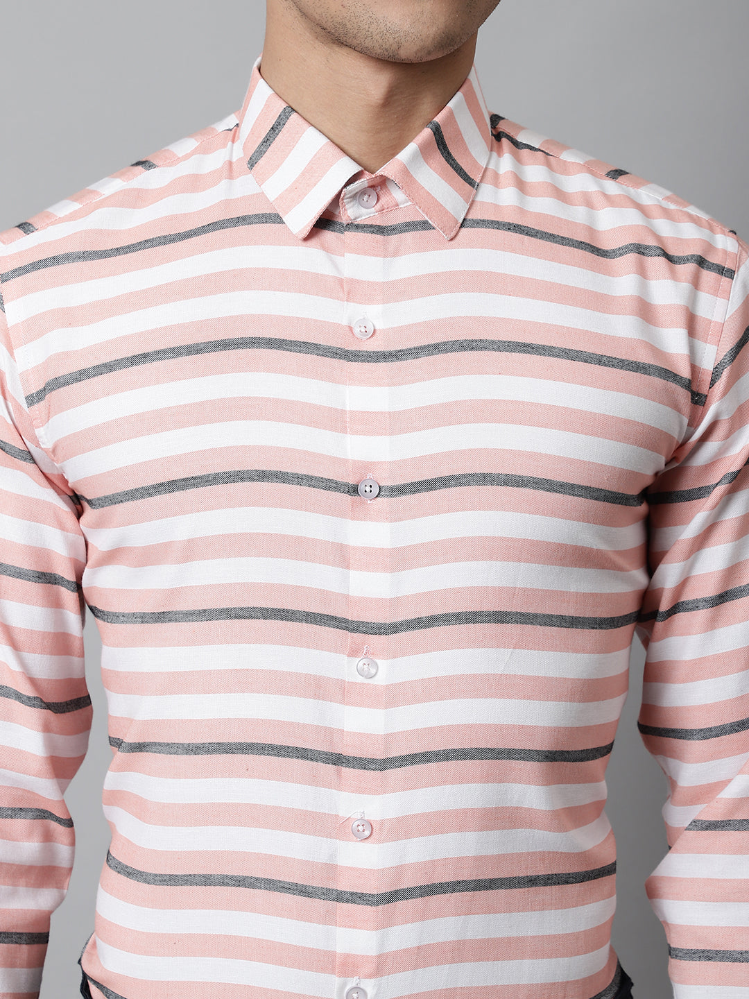 Men Peach Classic Horizontal Striped Formal Shirt
