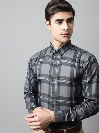 Men Charcoal Grey Checks Regular Fit Cotton Formal Shirt
