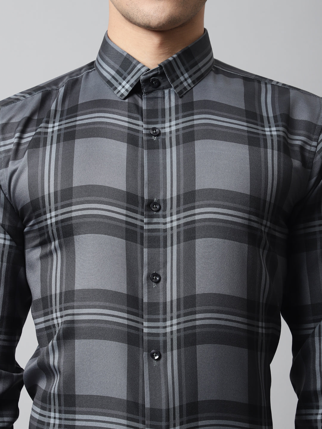 Men Charcoal Grey Checks Regular Fit Cotton Formal Shirt