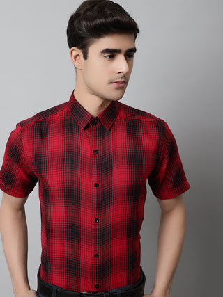 Men Red Checks Regular Fit Cotton Formal Shirt