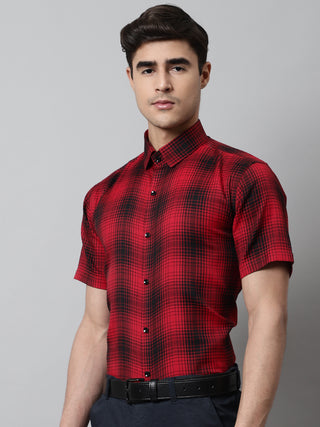 Men Red Checks Regular Fit Cotton Formal Shirt