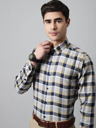 Men Navy Blue and  Grey Checks Regular Fit Cotton Formal Shirt